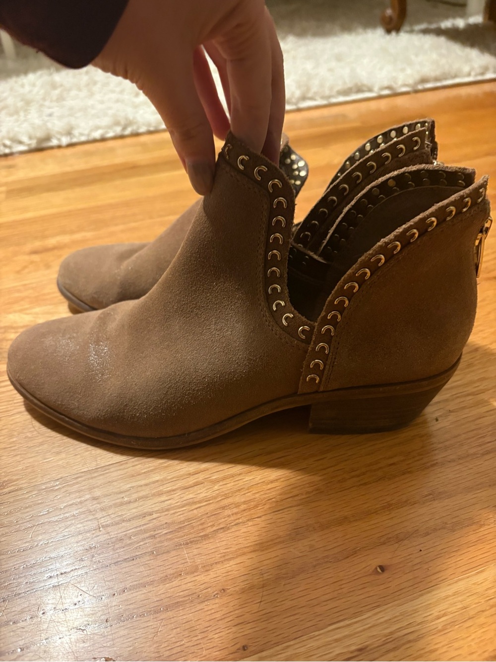 Vince Camuto Tan Suede Studded Cutout Ankle Boots